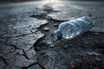 Obraz premium Symbol of Desolation: Crushed Plastic Bottle Amidst Deserted Road Reflecting Thirst and Environmental Scarcity in Minimalist Style