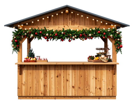 Cozy Wooden Christmas Market Stall with Festive Decor Transparent PNG 