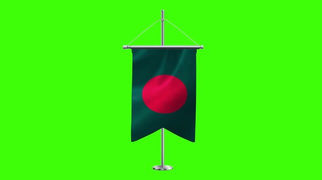 3D Bangladesh flag waving in the wind. Realistic pole flag of Bangladesh on a green screen, Slow motion perfect loop, 4k video, 3d render, national event, independence day, fabric texture, HD video.