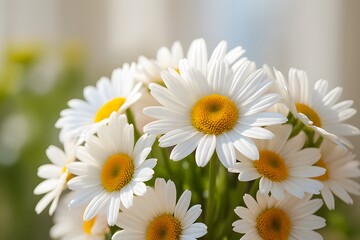 Close up of white daisies with yellow centers in soft light daisy white flowers