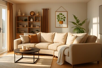 Light beige sectional sofa with brown accents in a sunlit living room interior beige sofa