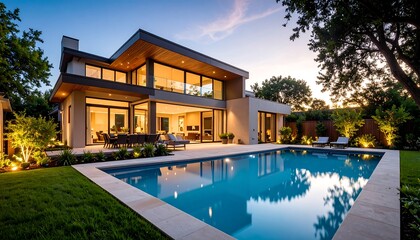 Modern home with pool at dusk