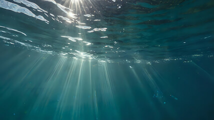 Underwater view looking up at the water surface, sunlight rays penetrating from above, serene and immersive angled