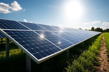 Solar panels in a green field under a bright sunny sky solar energy renewable energy