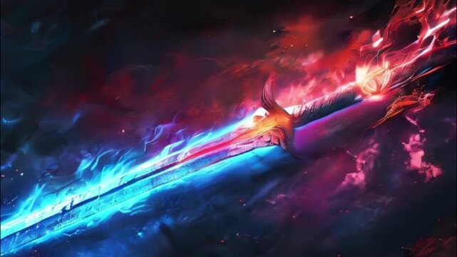 Fantastic weapon royal sword with beautiful handle and sharp blade, abstract vivid composition consists of fictional unreal fantastic vision on background