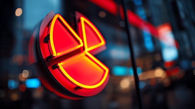 Close-up of stylized pie chart on glass panel lit by neon backlight - Powered by Adobe