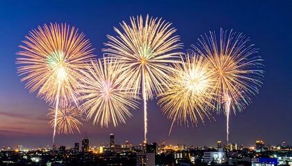 Fireworks over city skyline at night