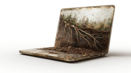 Laptop with an ecosystem of dirt and roots growing inside