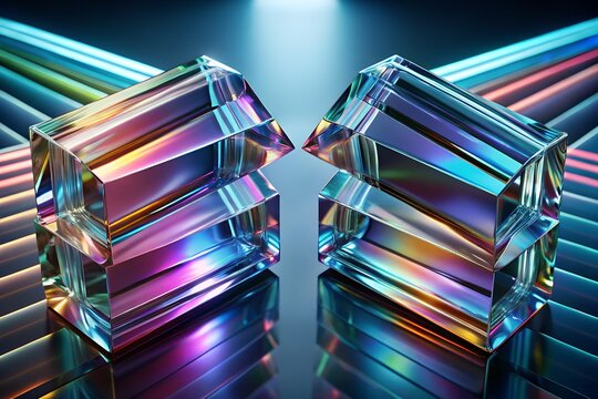 Two geometric crystal prisms reflecting vibrant rainbow light on a dark background - Powered by Adobe