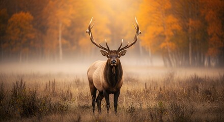 Majestic Bull Elk with Impressive Antlers Stands Alert in a Misty Autumn Landscape at Golden Hour, Showcasing the Serene Beauty of Wilderness Nature