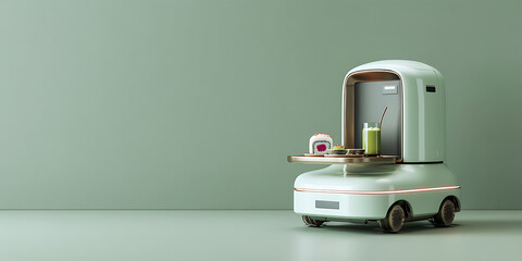 An elegant service robot with a touch screen and a white metal body, delivering a tray of sushi and drinks to the table in the modern interior of an Asian-style restaurant
