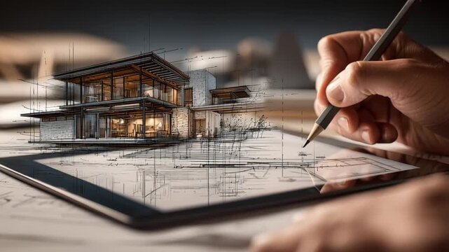 Architectural Blueprint: A professional hand meticulously sketches architectural blueprints on a digital tablet, with a modern house rendering in the background.