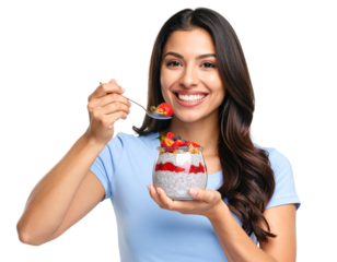 Trendy Food Blogger Eating Colorful Chia Pudding with Berries and Granola, isolated on transparent background PNG