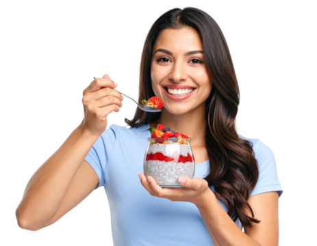Trendy Food Blogger Eating Colorful Chia Pudding with Berries and Granola, isolated on transparent background PNG