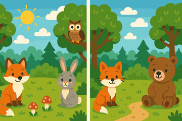 Naklejka premium Cartoon animals in a forest environment for educational game concept of Find differences. Educational game for children. Cartoon vector illustration 
