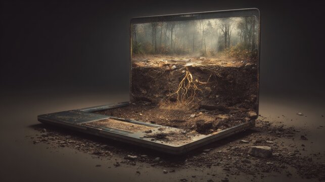 Laptop with a decaying natural landscape inside - Powered by Adobe