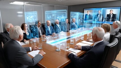 Remote Collaboration: a Modern Meeting Room. Business executives engage in a forward-thinking meeting, seamless blend of physical presence and virtual connection. - Powered by Adobe