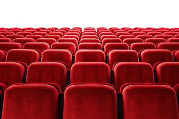 Naklejka premium Rows of empty red velvet theater seats facing a dark stage isolated on transparent background