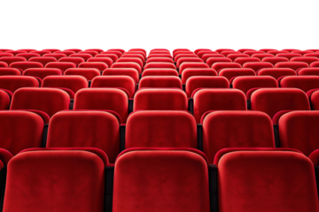 Rows of empty red velvet theater seats facing a dark stage isolated on transparent background