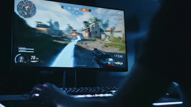 Attack the enemy base in video game on pc. Game battle on computer. Futuristic starship shooting at the enemy fleet target in a video game mission. 