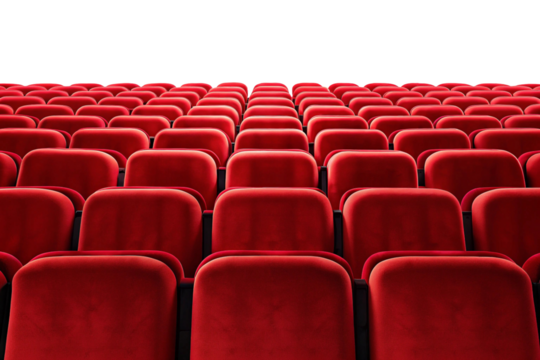 Rows of empty red velvet theater seats facing a dark stage isolated on transparent background
