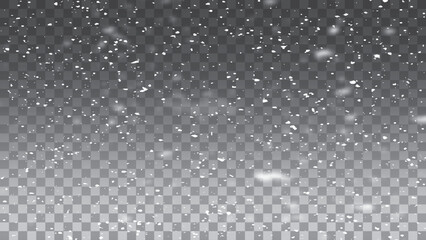 Falling realistic snowflakes on a transparent background for winter decor.