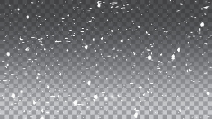 Falling realistic snowflakes on a transparent background for winter decor. Frost storm effect. New Year background with snow in the air. Snow wallpaper, decorative element.