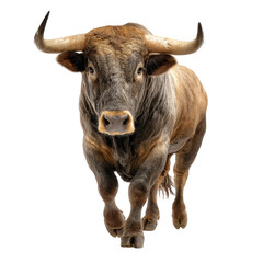 Naklejka premium Bull walking towards the camera showcasing its strength and stature in a studio setting