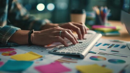 Hands-on Data Analysis: A focused professional meticulously reviews data charts and detailed analysis while typing, embodying the modern blend of expertise and technology. - Powered by Adobe