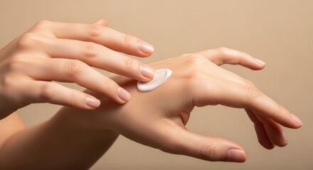 Fototapeta premium Woman Applying Moisturizing Cream on Hand for Skincare Routine and Healthy Skin