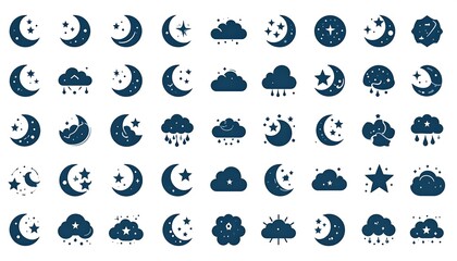 Collection of dark-blue night sky icons.  Various moon phases, stars, clouds, and rain.  Arranged in rows