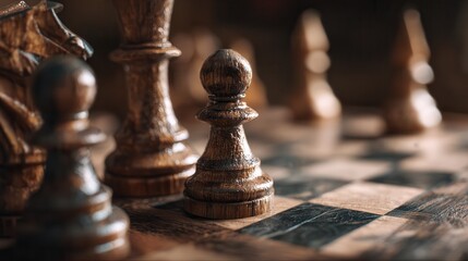 Fototapeta premium Chess pieces on a wooden board under soft lighting create an atmosphere of strategic contemplation and timeless elegance