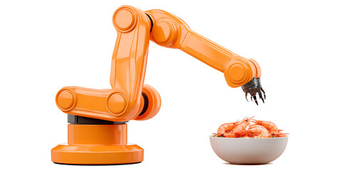 cooking robot arm, orange color, bowl of shrimp salad, isolated against a white background. Waiter robots that deliver food and drinks to customers.