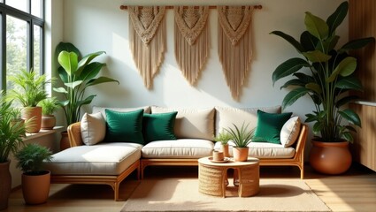 Moderna sala de estar bohemia con luz natural que entra a raudales y un lujoso sofá seccional