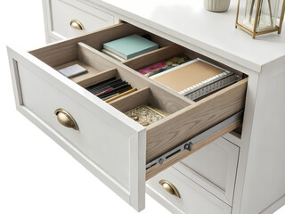 Organized White Chest of Drawers with Dividers on transparent background