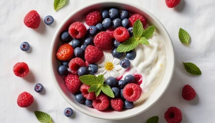 Berry Bowl of Delight: A vibrant bowl of fresh, juicy raspberries and blueberries mingled with creamy yogurt, adorned with delicate mint leaves and a single daisy.