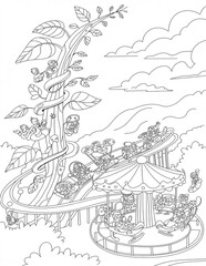 Fototapeta premium A whimsical coloring page showcases a beanstalk carnival featuring a winding slide, gondola swings, and a charming carousel, sparking imagination