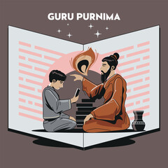 Happy guru Purnima guru and shishya teaching with books background