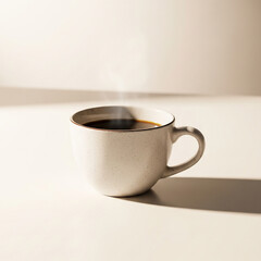 Minimalist studio photograph of a cup of coffee with latte art, isolated on a bright white background with copy space