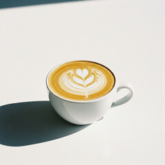 Minimalist studio photograph of a cup of coffee with latte art, isolated on a bright white background with copy space