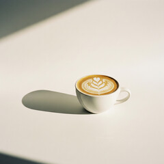 Minimalist studio photograph of a cup of coffee with latte art, isolated on a bright white background with copy space