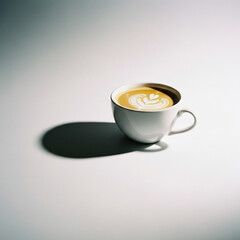 Minimalist studio photograph of a cup of coffee with latte art, isolated on a bright white background with copy space