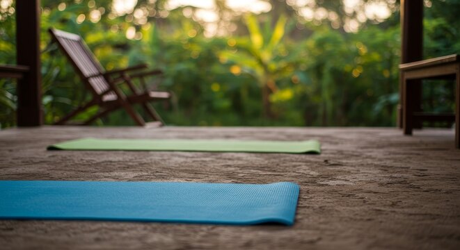 Tranquil outdoor space with yoga mats and wooden furniture