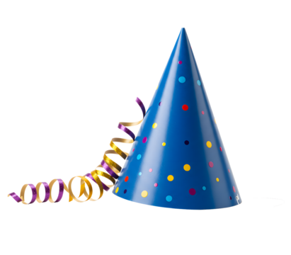 Colorful festive party hat with polka dots and ribbons, conical shape, isolated on a white or transparent background. Perfect for birthday designs, celebration graphics, and invites.