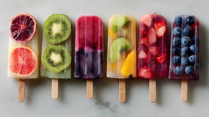 Colorful healthy whole fruit popsicles on sticks displayed on a light surface with soft natural lighting
