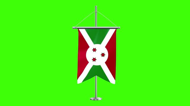 3D Burundi flag waving in the wind. Realistic pole flag of Burundi on a green screen, Slow motion perfect loop, 4k video, 3d render, national event, independence day, fabric texture, HD video.