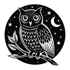 Detailed Owl Illustration with Night Sky and Moon in Monochrome Design