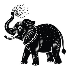 Illustration of a Playful Elephant Spraying Water in Black and White Style