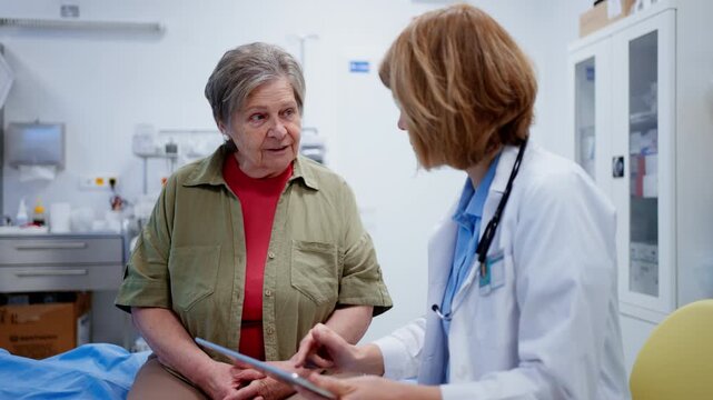 Geriatrician explaining test results to senior patient during check-up.