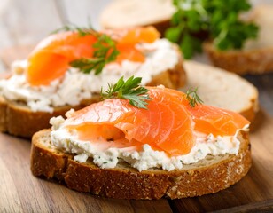 Smoked salmon and cream cheese on toasted bread slices